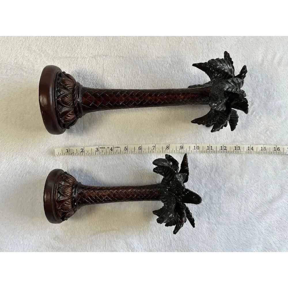 Resin Art Deco Tropical Palm Tree Candle Holders Set, Woven, Heavy, 14